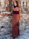 Zingj Patchwork Chest Wrapped Ribbon Long Dress Women Sexy Off Shoulder Side Split Bodycon Robe Summer New Lady Street Vestido 211-0-Outfit