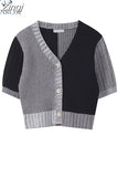 Style O-neck Short Knitted Sweaters Women Thin Cardigan Button Up 2023 Summer Casual Fashion Patchwork Crop Top