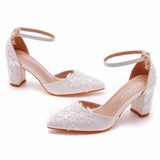 Cm Square Thick Heel Tip Hollow Sandals Spring Square With Light White Lace Mesh Bride High Heels