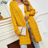 Women Long Cardigan Sweater Jacket 2021 Winter New Solid V-neck Pocket Button Knitwear Vintage Twist Cardigans