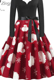 Women Winter Long Sleeve Vintage Christmas Dress Black Red Print V Neck Sexy Xmas Party Dress Robe 3XL Elegant
