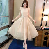 Mid-length Chiffon Short-sleeved Dress with Pearl Belt Showing Thin Ladies Temperament Gentle Wind Chiffon A-line