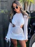Crochet Sexy Beach Dress Long Sleeve Backless Bodycon Summer Dress Women 2022 See Through Knit Cover Up Dress
