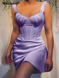 Satin Fish Bone Ruched Mini Dress Women Robe Summer New Spaghetti Strap Sleeveless Backless Bodycon Club Party