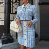Women Solid Elegant Fragrant Breeze Button and Pocket Turn Down Collar Tweed Formal Skirt