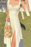Print Spaghetti Strap Split Dress Women Summer V-neck Backless Party Beach Dress Robe