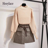 Puff Sleeve Women Fashion Autumn Winter Slim Sweet Sweaters Tops+Woollen Cloth Plaid High Waist Pockets Mini Skirts