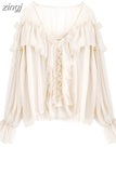 Sexy Shirts Women See Through Boho Mesh Blouse Summer Ruffle Flare Sleeve Elegant Peplum Tops Ruffles Ladies Blusas