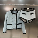 2022 Autumn Long Sleeve Round Neck Double Breasted Buttons Coat High Waist Shorts Two Piece Set Women Outfits