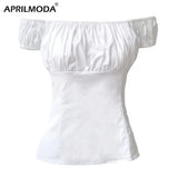 Summer White Cotton Vintage Blouse 1950s Solid Tops Slash Neck Puff Sleeve 50s 60s Retro Shirts Slim Fit Womens