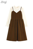 Vintage Patchwork Women Dress Female O-Neck Long Sleeve Fake Two Pieces Dress Elegant High Waist A-line Mid Long