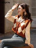 Women's Stitching Fake Two Piece 2022 Autumn Winter French Retro Polo Collar Rhombic Plaid Knitted Sweater Top