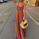 Ladies V-neck Sleeveless High Waist Long Dress Fashion Hollow Backless Bohemian Dresses Summer Beach Colorful Stripe