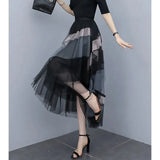 Y2K Patchwork Tulle Skirts Women High Waist Irregular Mesh A Line Midi Skirt Korean Elegant Asymmetrical Pleated