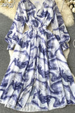 Autumn Women Printed Long Dress Elegant Blue/Purple/Pink V-Neck Lantern Sleeve High Waist A-Line Vacation Beach