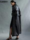 Autumn Extra Long Oversized Black Faux Leather Trench Coat for Women Long Sleeve Belt Double Breasted Loose Fashion