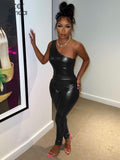 Summer Shiny Sliky 2Piece Set Women Sleeveless Off Shoulder Skinny Bodysuit Top+High Waist Trousers Matching