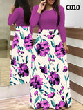 Winter 5XL Floral Print Patchwork Casual Fashion Maxi Dress Lady Long Sleeve Elegant All-match Robe Vestido Women