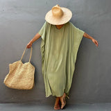 Solid Plus Size Long Kaftan Casual V-neck Robe Summer Batwing Sleeve Woman Clothing Side Split Beachwear Maxi Dress