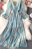 Autumn Women Floral Long Dress Vintage V-Neck Flare Sleeve Backless High Waist A-Line Big Swing Maxi Vestidos New