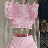 Plaid Ruffle Crop Top And Shorts Set- Outfit