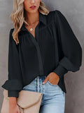 Autumn White Shirt Women Button Up Lantern Sleeve Shirt Ladies Blouse Ruched Loose Shirt For