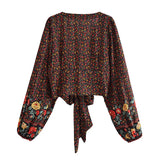 Queens Women Black Floral Print Rayon Bohemian Blouses Shirt Ladies Bow Crop Top Long Sleeve Boho Beach Robe