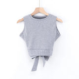 Summer Sleeveless Knitted Tops Solid Color Sports Tops Back Cross Bandage T-shirts