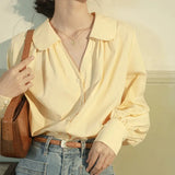 4Xl Sweet Chiffon Shirts Women Korean Turn Down Collar Lantern Long Sleeve White Blouses Vintage Elegant Solid Loose