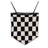 Gothic Irregular Women T-shirt Knitted Black Pullove+checkerboard Camis Tank Tops Y2k Korean Style Autumn Tee