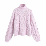 2021 Women Fashion With Pompoms Loose Knitted Sweater Vintage High Neck Pink Winter Twist Pull Female Pullovers Chic