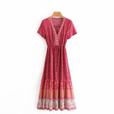 Queens Vintage Floral Print Sashes Beach Robe Bohemian Maxi Dresses Elegant Ladies Cross V Neck Boho Dress
