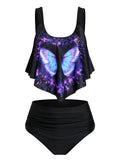 Women Crescent Star Bat Print Padded Ruched Gothic Tankini Set Tummy Control Swimsuit Padded High Waist Swimming