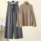 Two Piece Sets Women Winter Korean Casual Turtleneck Knitted Sweater And Wide Leg Knitting Pants Suits Women Homewear
