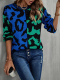 Tops 2022 Women Autumn Winter New Leopard Print Stitching Sweater Streetwear Round Neck Long Sleeve Knitting