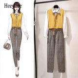Yellow Girl 3 Piece Set Women Office Work Ladies Suits Fall Winter Outfits Casual Korean Style Vest Shirt Pants