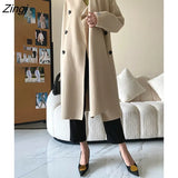 Fashion Women's Wollen Coat Scarf Collar Loose Double Breasted Full Sleeve Sashes Overcoat Female Autumn 2023 New