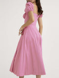 off shoulder pink women summer long dress Puff short sleeve slash neck solid a-line split beach party sundress