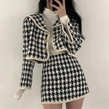 Houndstooth 2pcs Set Women Navy Collar Tweed Mini Bodycon Skirt Suit Lady Elegant Cropped Jacket Plaid Set Knitted
