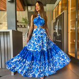Bohemian Sexy Printed Women Dresses Halter Sleeveless Backless Naked Waist Long Dress Fashion Summer Beach Holiday
