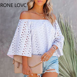 Women Off Shoulder Bell Sleeve Eyelet Embroidery Top Blouse Women Summer