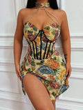 Vintage Halter Print Dress Women 2022 Summer Off-shoulder Sleeveless Backless Bodycon Elegant Split Mini