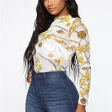 Women Mesh Sheer See Through Print Shirt Blouses Outwear Turtleneck Long Sleeve Tops Transparent Slim Shirt Bodycon Club
