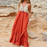 Sleeveless High Waist Pleated Bohemian Dress 2023 New Ladies V-neck Lace Patchwork Long Dresses Summer Seaside Beach
