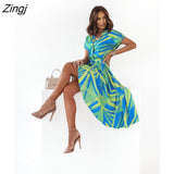 Print Dresses Women Summer Dress YEMOGGY 2022 New Casual V-neck Single Breasted Lace-up Short Flying Sleeve Midi