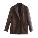Casual Women 2021 Fashion Faux Leather Blazer Coat Vintage Long Sleeve With Pockets Female Outerwear Chic Veste Femme
