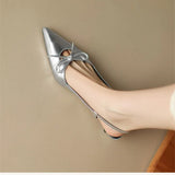 Empty Pointed Cat Heel Woman 2025 New Summer French Bow Fine Heel Head Silver Solid Sandals