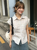 Cloth Forget British Wind Wood Ear V-Neck Check Shirt Temperament Waist Button Bubble Sleeve