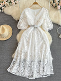 Summer Vintage Women V-Neck Puff Sleeve Hollow Out Lace Long Dress Elegant V-Neck High Waist A-Line Maxi Party