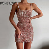 Women Sexy Elegant Sequins Cami Spaghetti Strap Small Silt Mini Bodycon Sexy Party
